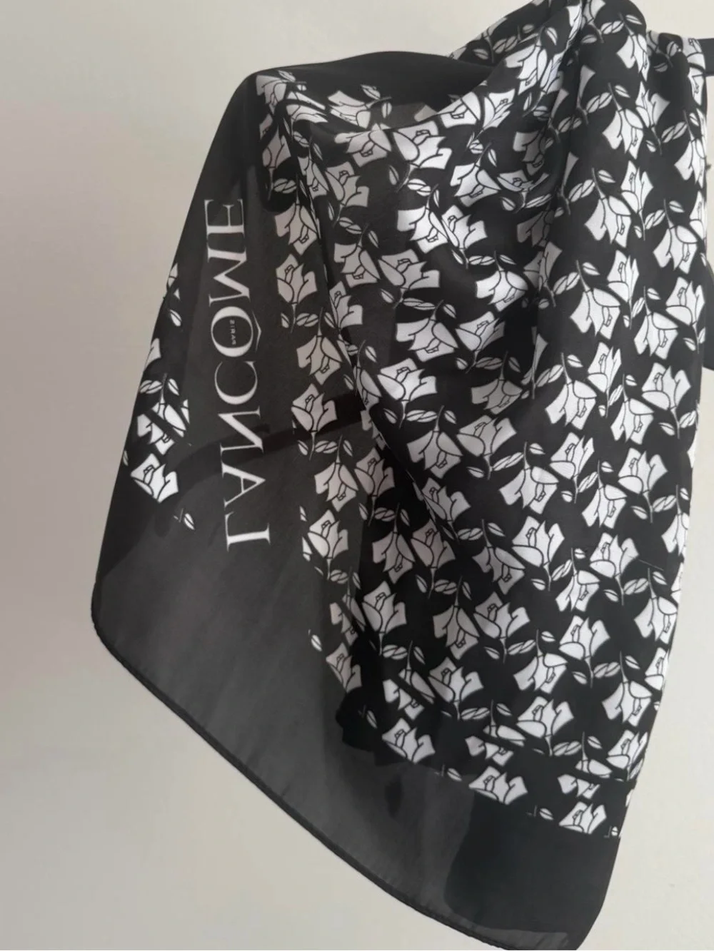 Lancome Black and White Floral Logo Silk Scarf